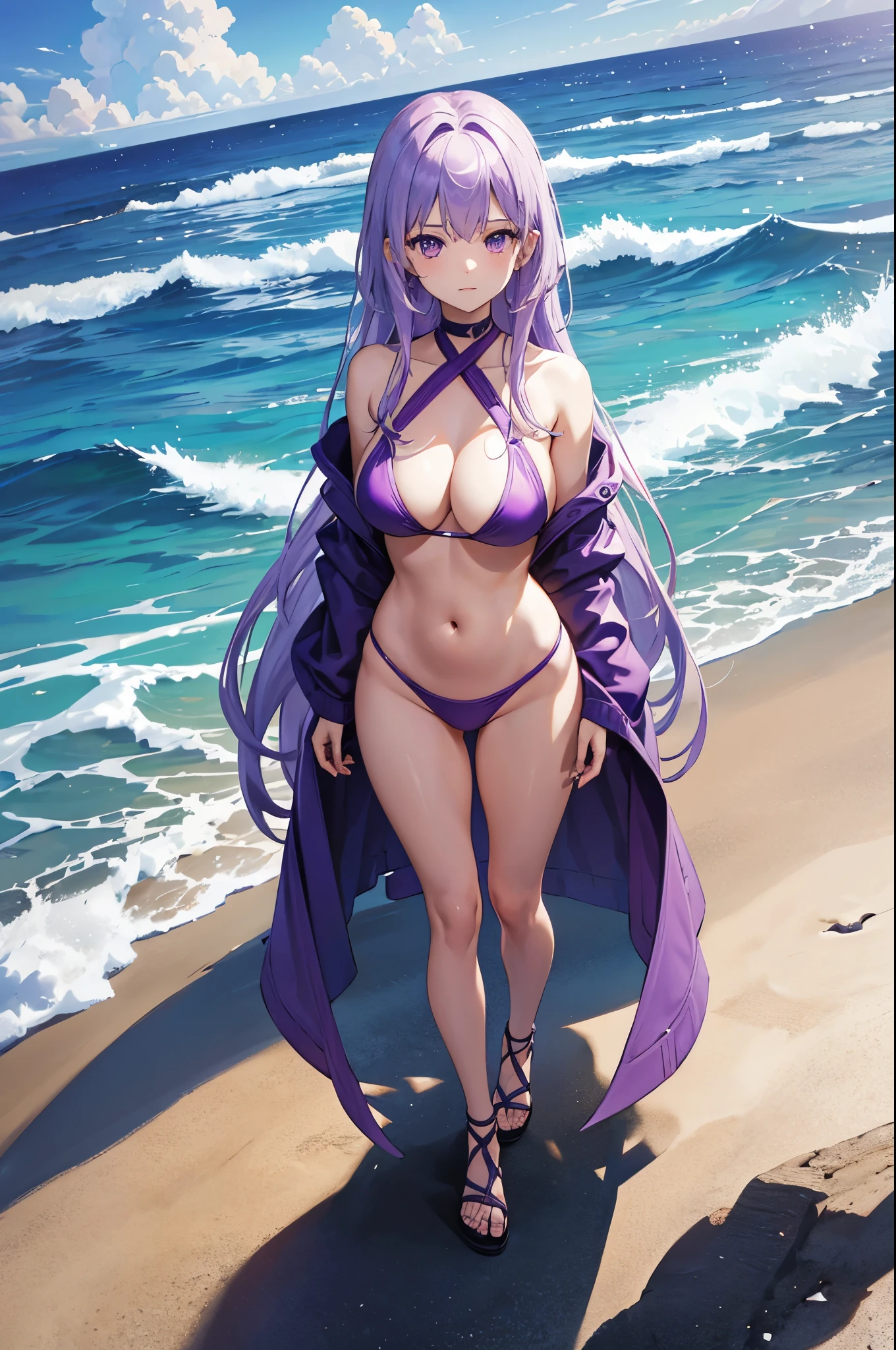 1woman, light purple hair, long hair, purple bikini, beach, standing on ground, high res, ultra sharp, 8K, masterpiece