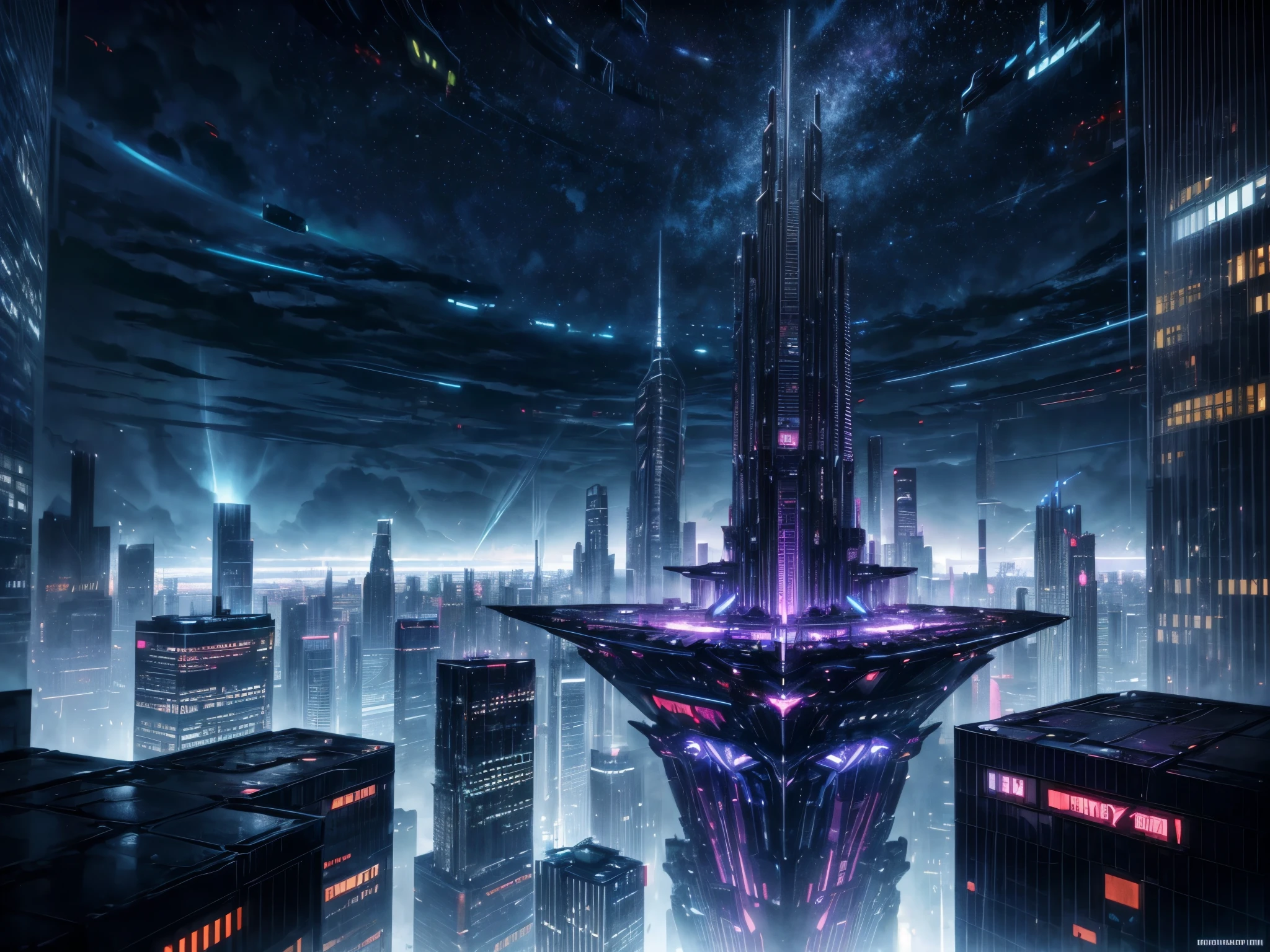 Hypercyberpunked City, Giant Colossal complex building, No human, Cool/very good portrait angle, ultra lens portrait, Cinematic scene in movie by Christoper Nolan, Moody Sci-fi atmosphere, Space city, Ultra ray-tracing prism and dramatic lightning, Futuristic city preview, inside futuristic city, epic cinematic, supertall futuristic skyscrapers, absurd fuuristic skyscrapers shape, night time, dark dystopia, starry beautyful night sky, very rich city, hologram and neon, tons of floating structure, so many floating cool structure and skysrapers, very colorful city