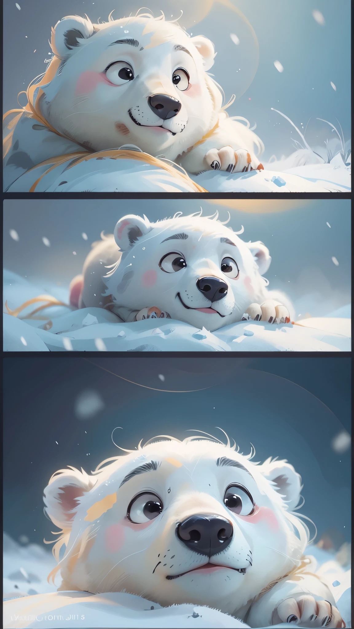 Cute polar bear is tired of playing,It lies on the snow to rest,front view,close up, Pixar style, best quality, stills, very cute, big eyes, Very happy,high details, high quality, masterpiece, ccurate, super detail,