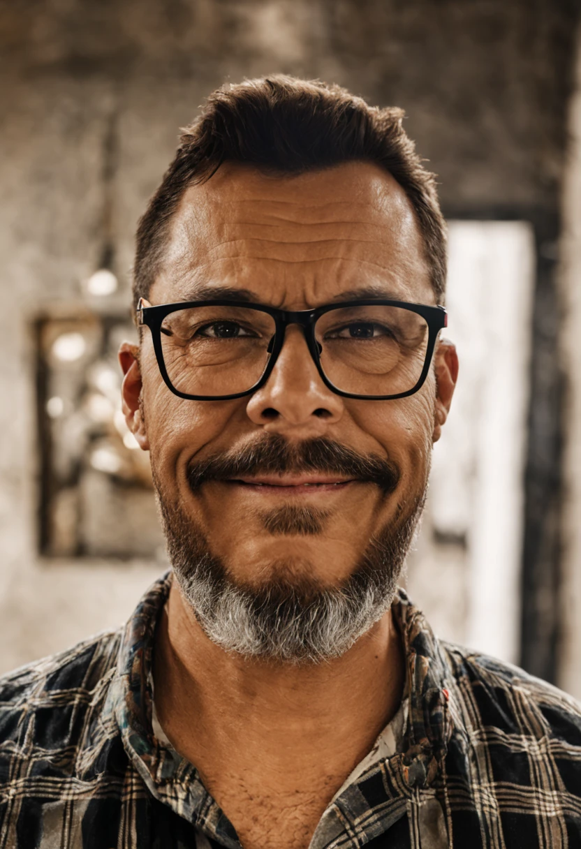 Crie um retrato frontal detalhado e realista, capturing the shoulders and head of a man with glasses, uma barba de lenhador, olhos castanhos escuros, e corte de cabelo preto estilo militar. He will wear a plaid flannel shirt with a white t-shirt underneath.. The background should feature a bokeh style with soft lighting to highlight the intricacies of the portrait.