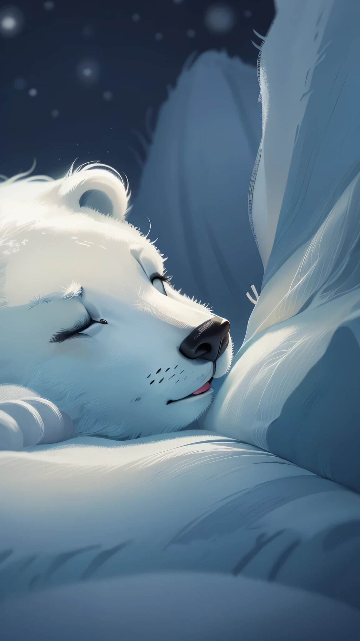 it's late at night,Cute polar bear closes eyes,Illustration of sleeping in a warm snow cave, goodnight,Little polar bear,close up, Pixar style, best quality, stills, very cute,at night,Night's,high details, high quality, masterpiece, ccurate, super detail,