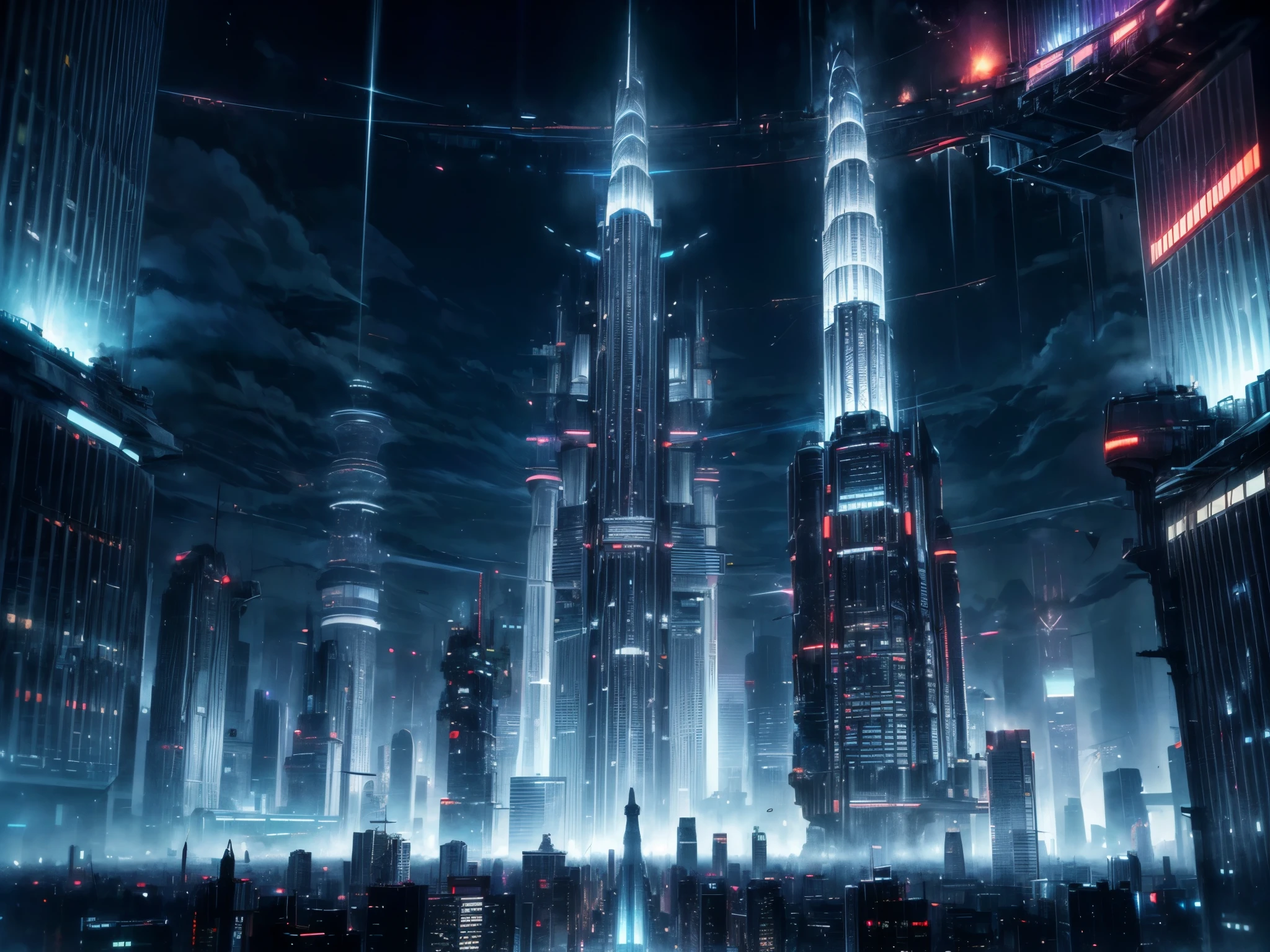 Hypercyberpunked City, Giant Colossal complex building, No human, Cool/very good portrait angle, ultra lens portrait, Cinematic scene in movie by Christoper Nolan, Moody Sci-fi atmosphere, Space city, Ultra ray-tracing prism and dramatic lightning, Futuristic city preview, inside futuristic city, epic cinematic, supertall futuristic skyscrapers, absurd fuuristic skyscrapers shape, night time, dark dystopia, starry beautyful night sky, very rich city, hologram and neon, tons of floating structure, so many floating cool structure and skysrapers, very colorful city ((NO HUMAN))