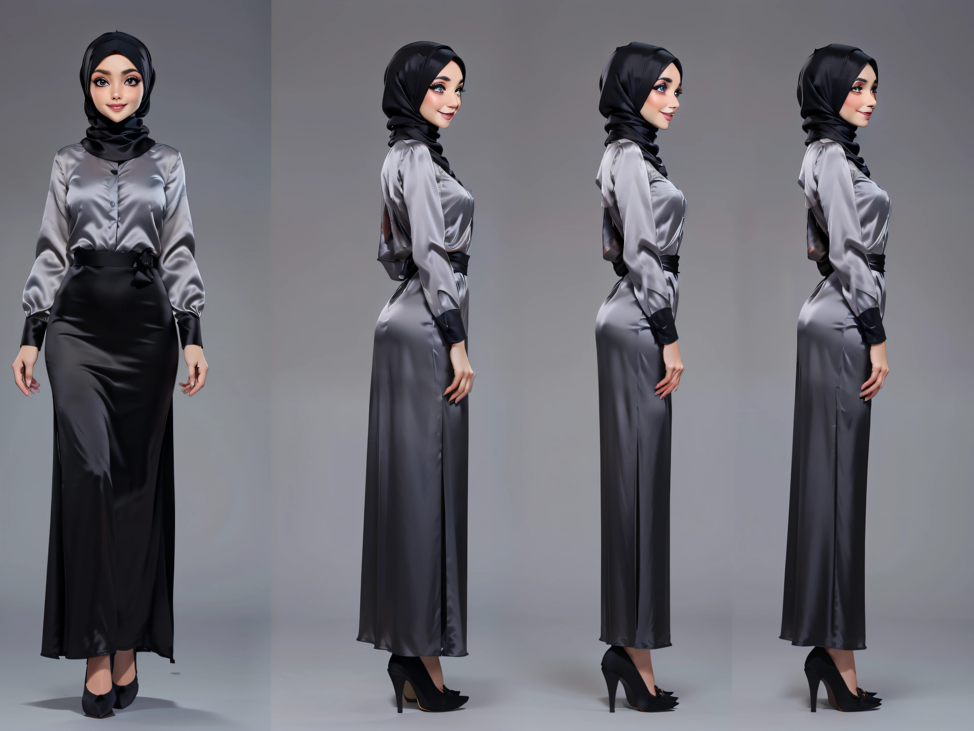 Character Design - a ((full body)) character design sheet of a beautiful hijab girl character, beautifully makeup, eyeshadow, Parted Lips, detailed eyes, beautiful big eyes, long eye lashes, smile. She's dresses ((gray satin headscarf)), loosely tide hijab style, ((Black satin shirt)), ((black satin long gown)). Cartoon style, front, side and back views