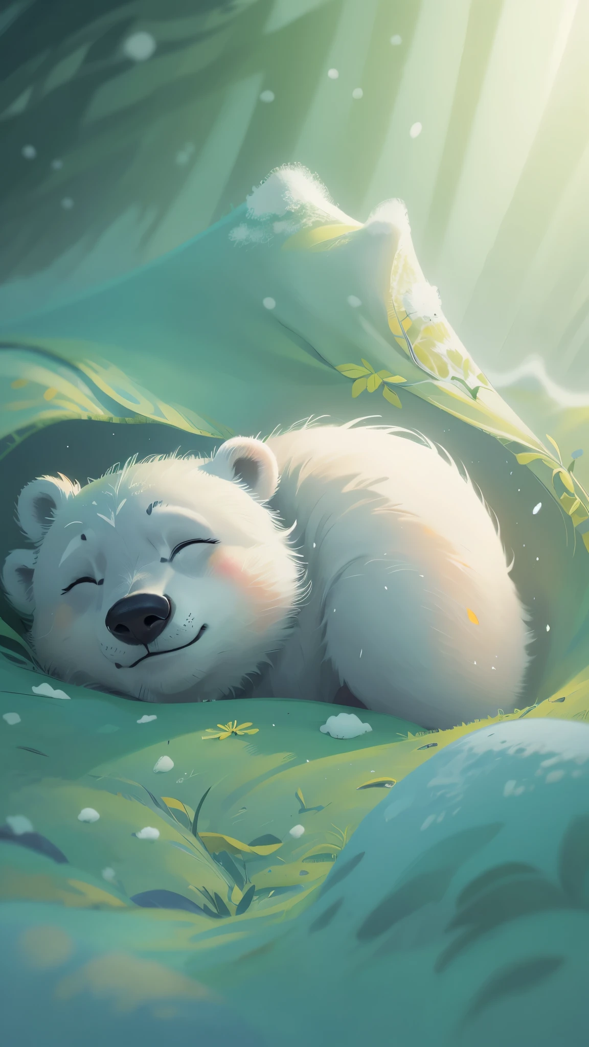 it's late at night,Cute polar bear closes eyes,Illustration of sleeping in a warm snow cave, goodnight,Little polar bear,close up, Pixar style, best quality, stills, very cute,at night,Night's,high details, high quality, masterpiece, ccurate, super detail,