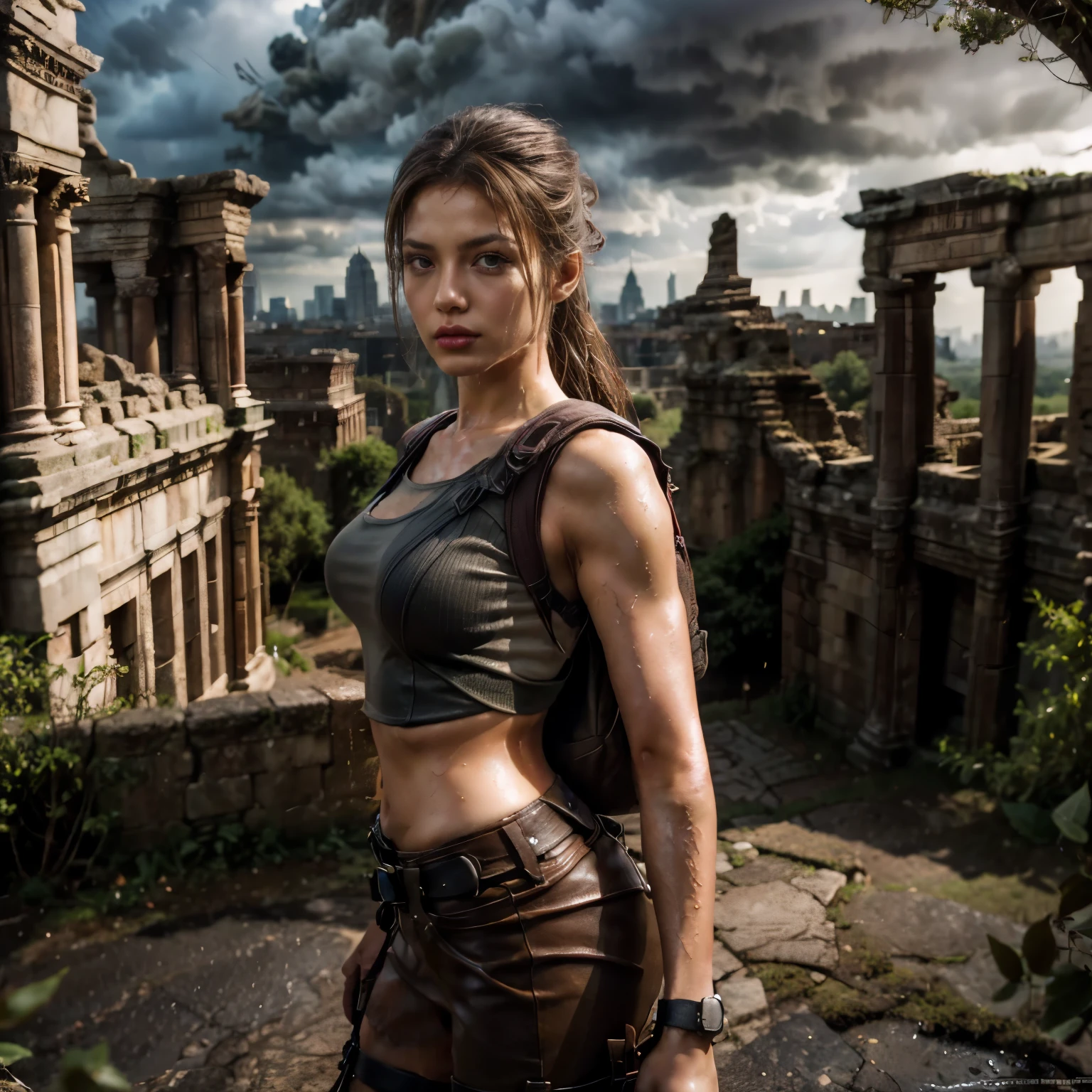 beautiful detailed eyes, long brown hair flowing in the wind, adventurous expression, agile and athletic posture, wearing a tactical outfit with combat boots and a backpack, surrounded by ancient ruins, dramatic lighting with sunlight piercing through the cracks, breathtaking view of the city skyline in the background, dynamic camera angle capturing Lara in action, intense atmosphere, vibrant colors with a touch of desaturation to enhance the realism, intricate textures on her outfit and the environment, realistic weather effects like raindrops and wet surfaces, cinematic depth of field effect to create a sense of depth, professional-grade visual effects, with a mix of photo-realistic rendering and artistic interpretation to create a visually stunning artwork.