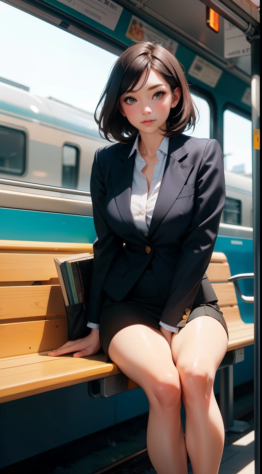 "(Masterpiece, High Definition, Ultra High Definition, 4K) Black hair, 14 years old Japan girl, uniform skirt, emphasizing thighs, white thighs, soft thighs, glossy thighs, sitting on the train, face-to-face angle, (angle from below),sitting in the train seat,Sitting in front,Zoom camera in the crotch,Feet on the train floor,Full body,Looking down and sleepy,Looking at the viewer only", best quality, ultra high definition, (photorealistic:1.4),, high resolution, detail, raw photo, sharp re, Nikon D850 film stock photo by Lee Jefferies 4 kodak portra 400 camera f1.6 lens rich colors hyper realistic lively textures dramatic lighting unreal engine artstation trends cinestir 800,