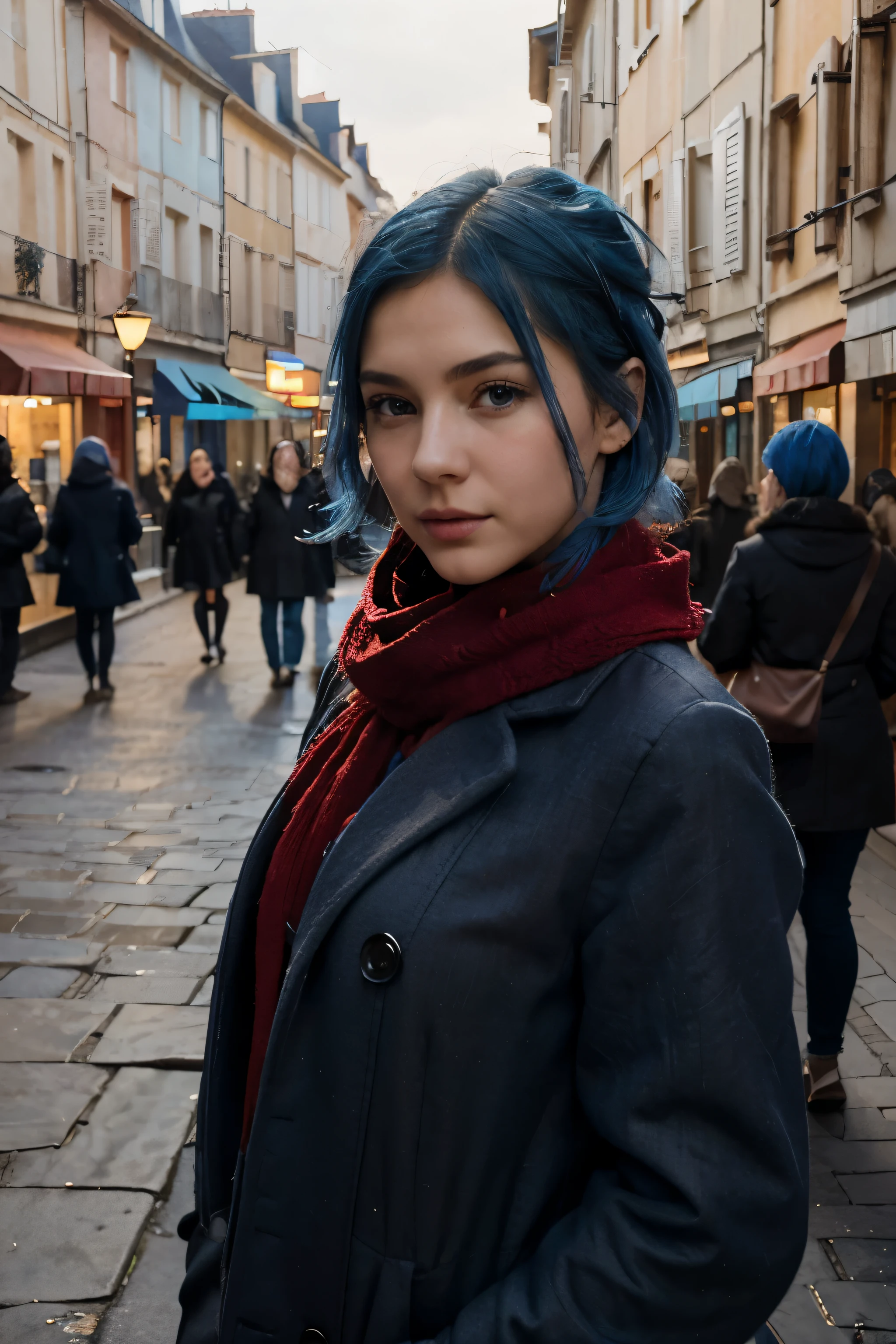 (Garota, modelo, cabelo curto, cabelos completamente azuis, roupa para clima frio, cachecol vermelho, streets of France, foto de viagem, ultra-realista, Pose de selfie),(illustration, high resolution, cores vivas:1.1, detailed Garota's face:1.1),(Lindo, olhos detalhados, Lindo, Detailed lips, long eyelashes),(blurry, Fundo:0.9, busy crowd, encantadora arquitetura francesa),(soft lighting, tons quentes),(retrato, moda)