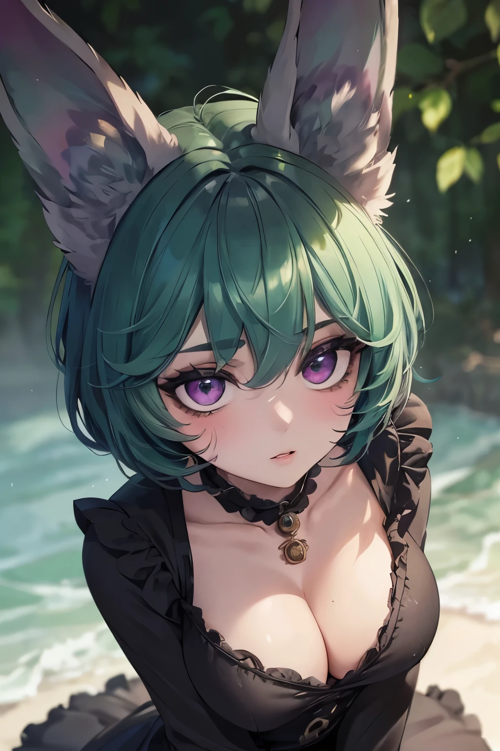 masterpiece,(best quality,top quality,8k),illustration,painting,detailed eyes and face,(1girl),vex,(green hair,short hairstyle),(black dress),(cleavage),(rabbit ears),purple eyes, pretty girl, beauty skin, ultra high res, raw photo, ultra detailed  , detailed eyes and face , (looking at viewer ),(puffy eyes) ,good contrast , high sharpness,(gorgeous),realistic,RAW Photography,(hyperdetailed:1.2)