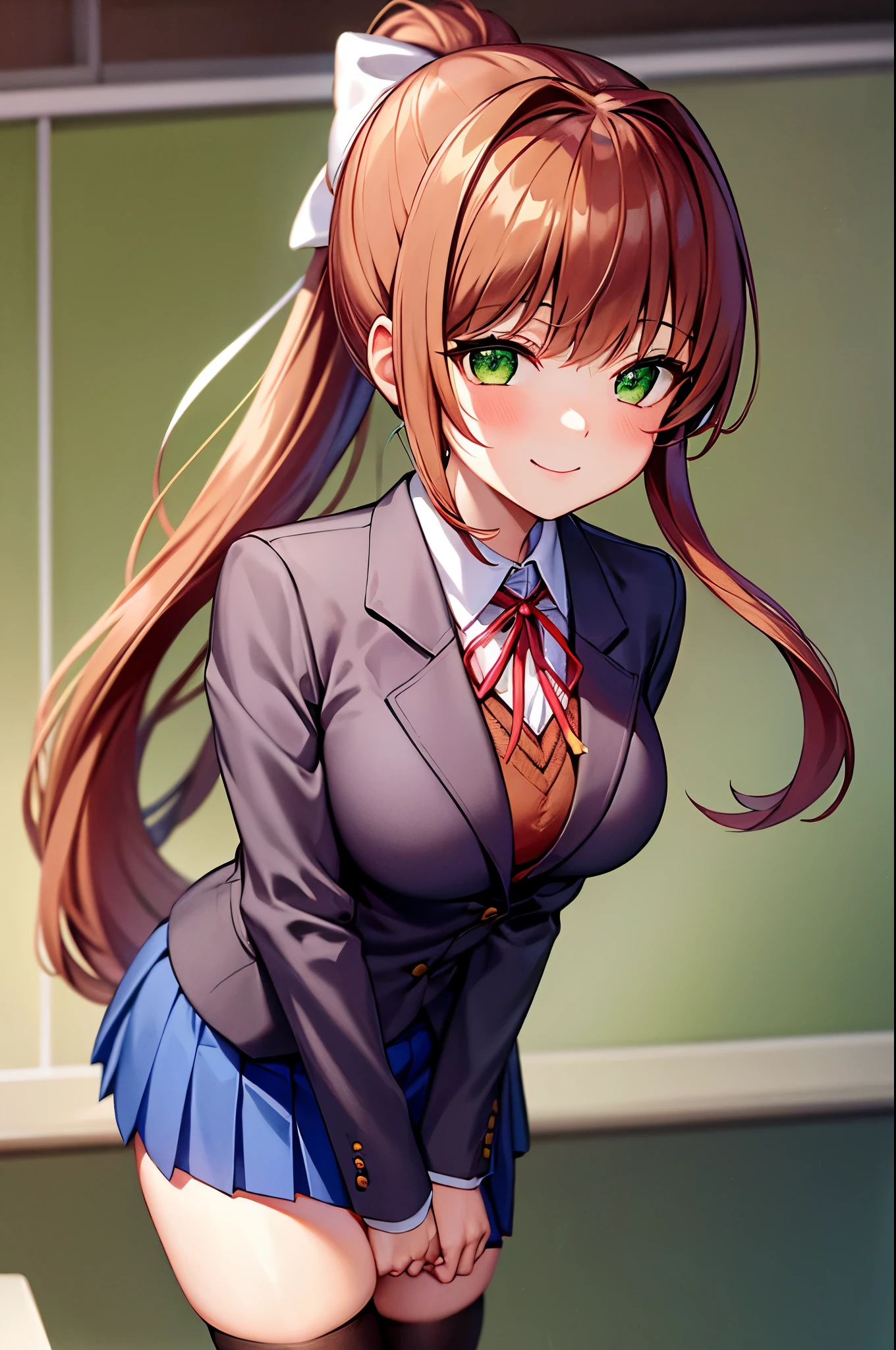 (masterpiece), best quality, expressive eyes, perfect face, highres, ddlcmonika, blunt bangs, brown hair, (green eyes:1.5), long hair, ponytail, ribbon, white ribbon, hair ribbon, sidelocks, black thighhighs, blue skirt, brown jacket, jacket, long sleeves, mary janes, over-kneehighs, pleated skirt, school uniform, shoes, skirt, thighhighs, zettai ryouiki, smiling, indoors, classroom background, (leaning forward:1.2), standing, upper body portrait, looking at the viewer