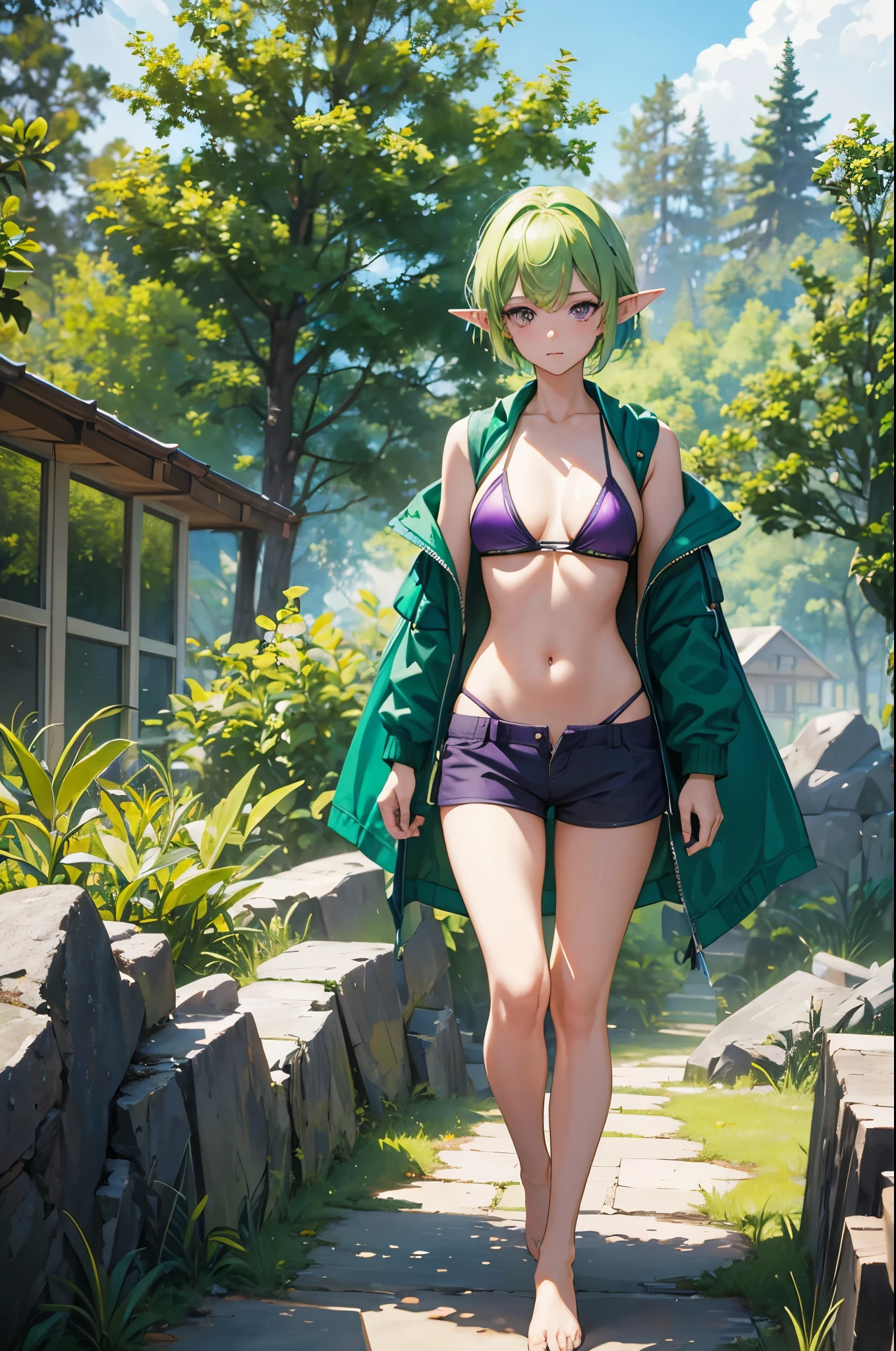 1woman, elf, light green hair, short hair, purple eyes, bikini top, shorts, jacket, standing on ground, high res, ultra sharp, 8K, masterpiece