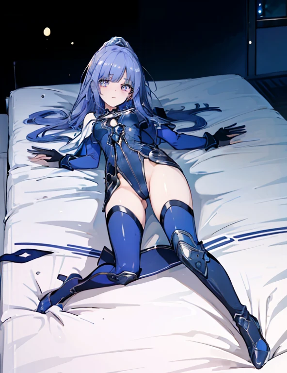 highest quality,sleep on your back in bed，Crab crotch，show me your boots，thigh high boots，leotardチラ見せ，glove，elegant, 1 girl, leotard，body suit，cute, blushed, looking at the viewer, from below, prison，blue eyes, beautiful eyes, beautiful background, particles of light, Light of the sun, dramatic lighting, outside, shiny, realistic, table top, highest quality, Super detailed, get used to it, scenery, beautiful and detailed eyes, thin hair，full body shot，