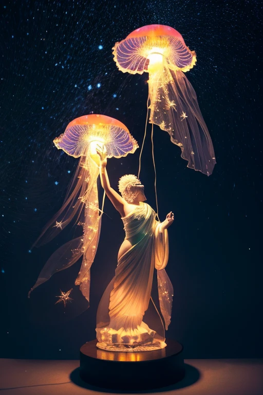 fantasy jellyfish Buddha statue aurora starry sky