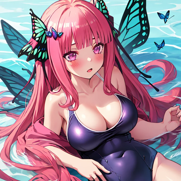 best quality, very aesthetic, Super detailed, best illustration, 1girl, おっぱい, bangs, pink_hair, blunt_bangs, hair_ornament, butterfly_hair_ornament, one-piece swimsuit
