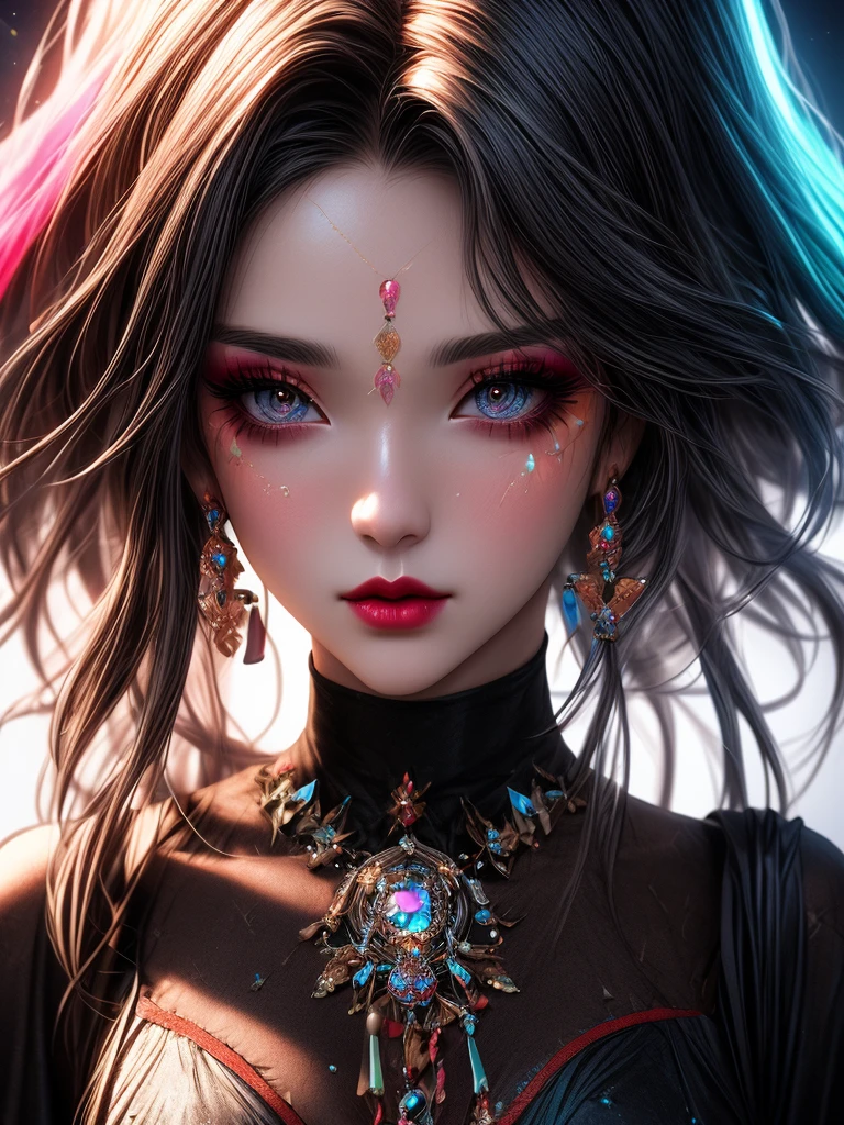 in this bright eyed face is a woman in colorful makeup, in the style of vray tracing, anime art, luminous reflections, Glitter jewellery rainbowcore, detailed illustrations, aurorapunk, close-up --ar 4:5 --s 50