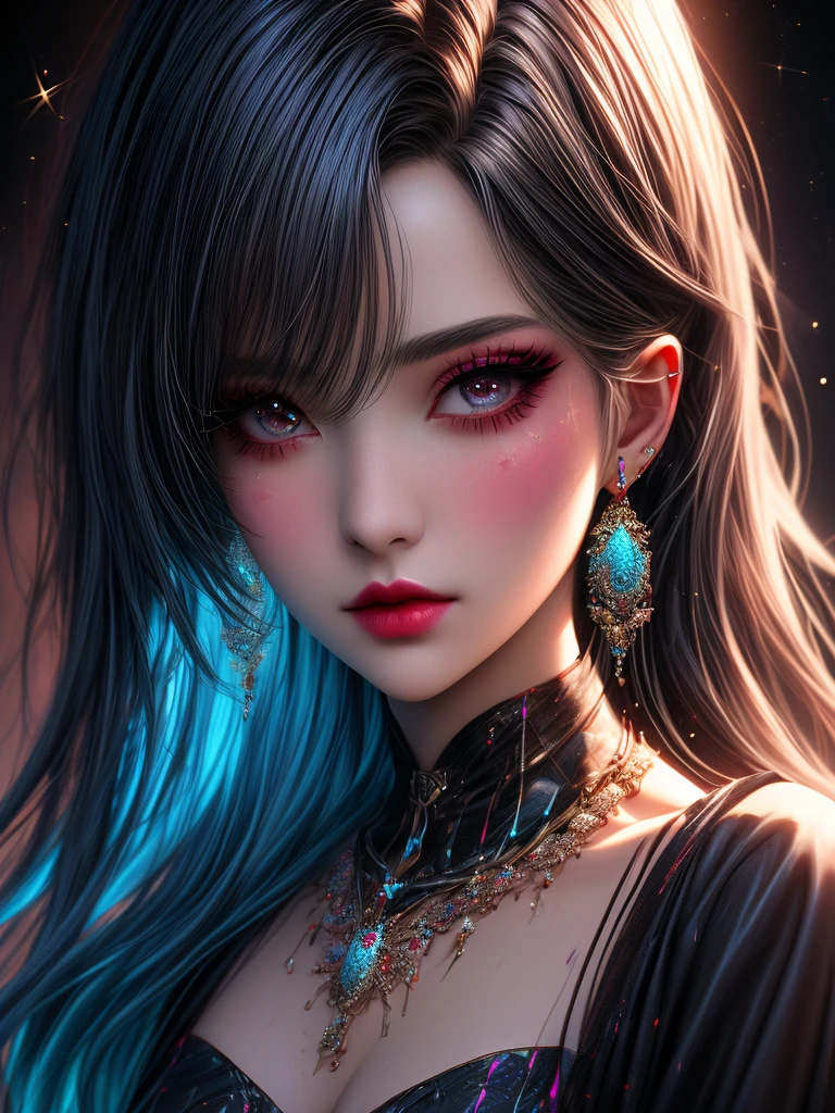 crie uma tattoo de um rosto de uma mulher com olhos completamente negros, cabelo ondulado ,red lipstick and mascara on her mouth image in line and shadow