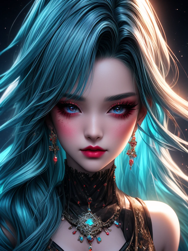in this bright eyed face is a woman in colorful makeup, in the style of vray tracing, anime art, luminous reflections, Glitter jewellery rainbowcore, detailed illustrations, aurorapunk, close-up --ar 4:5 --s 50