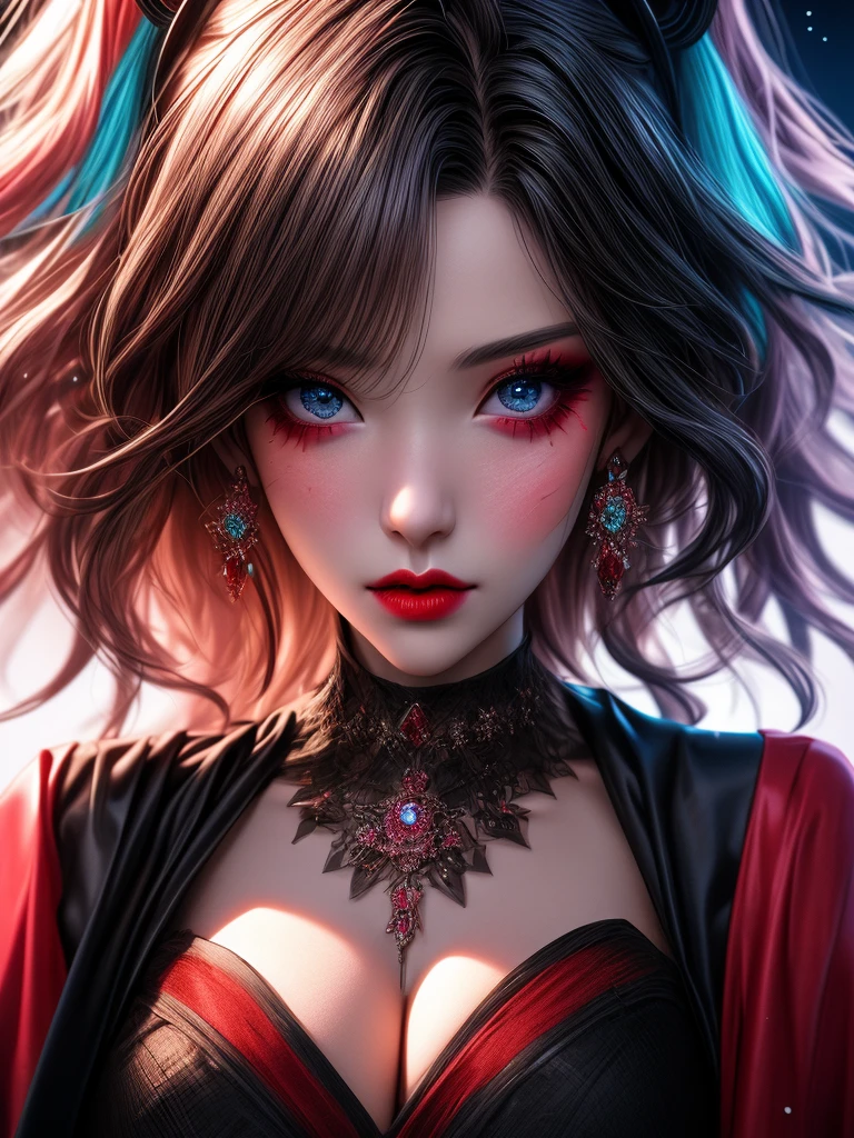 in this bright eyed face is a woman in colorful makeup, in the style of vray tracing, anime art, luminous reflections, Glitter jewellery rainbowcore, detailed illustrations, aurorapunk, close-up --ar 4:5 --s 50