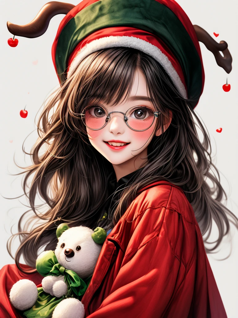 A super cute Asian girl, she is a Christmas girl, with a red and green floral coat, a round face, long hair, a white Christmas hat, fluffy, big eyes open, wearing sunglasses, scissors hands, sitting on a big apple, next to a cute reindeer, healing smile, haha big smile, a cute and retro, lively picture, close-up portraits, screen printing, simple apple background, illustrations, minimalism, 8k, Watercolor Art --ar 1:1 --niji 5