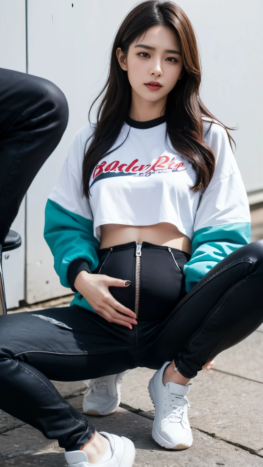 (photorealistic),(masterpiece),(ultra-detailed),a very pretty and sexy 20 year old girl holding more than liters of pee, wearing crop bubble jacket and tight black jeans, hands jammed between thighs, legs crossed tightly, lower abdomen part of the tight black jeans bulging from full bladder as big sphere as if she was fully nine months pregnant but smooth rounded ,enduring extreme urge to pee,eyes slightly closed,pee about to come out,sweating