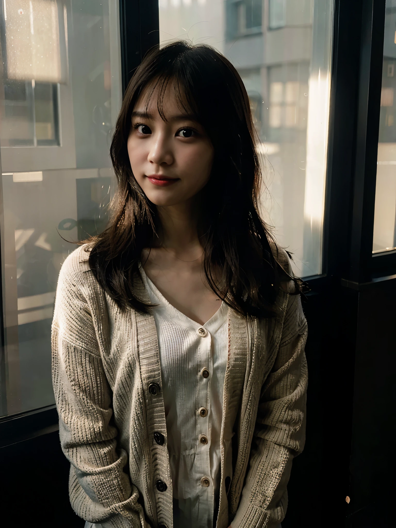 There was a woman looking out the window, Portrait of a Japanese cute girl, wearing Cardigan, Vertical 50 mm, iso 100, Vertical dark lighting, vertical backlit, young asian woman, medium Vertical dark lighting, Portrait 35mm., dark contrast, hard shadow, Vertical low light, window light, rim light, warm tone, dark light, dark hard tone, low exposure, little bit of smlie, 