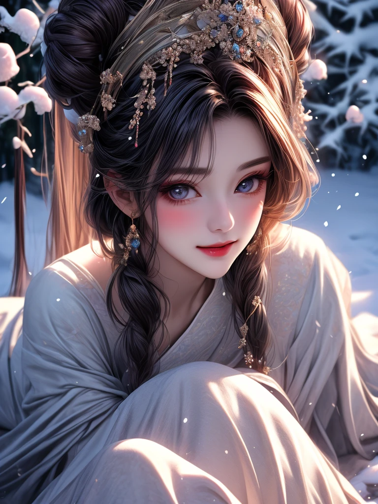 Bright purple Taoist robe, Hanfu long skirt, big eyes, masterpiece absolute beauty, 1 woman, close-up. Close-up, healing smile, snow scene, 4K picture quality, twisted braid, princess hairstyle princess cut, simple hair accessories, plum blossoms, people can't forget the beauty when they see it