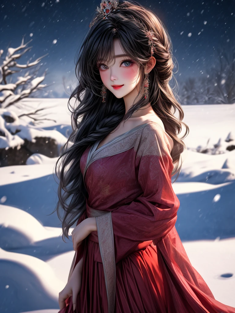 Bright purple Taoist robe, Hanfu long skirt, big eyes, masterpiece absolute beauty, 1 woman, close-up. Close-up, healing smile, snow scene, 4K picture quality, twisted braid, princess hairstyle princess cut, simple hair accessories, plum blossoms, people can't forget the beauty when they see it