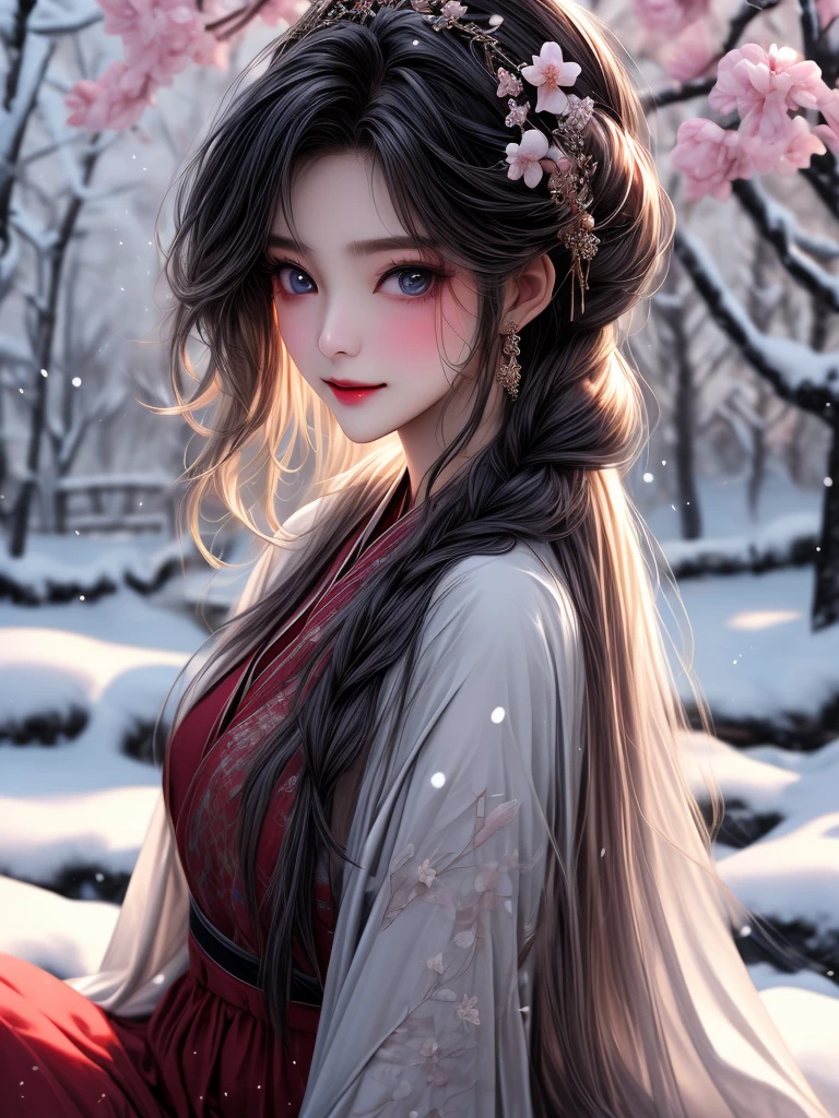Bright purple Taoist robe, Hanfu long skirt, big eyes, masterpiece absolute beauty, 1 woman, close-up. Close-up, healing smile, snow scene, 4K picture quality, twisted braid, princess hairstyle princess cut, simple hair accessories, plum blossoms, people can't forget the beauty when they see it