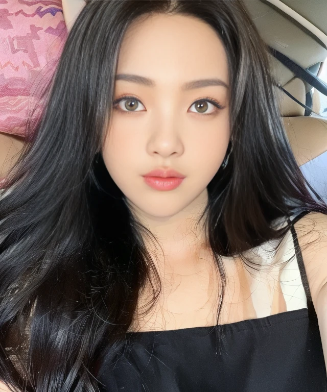 a close up of a woman with long black hair wearing a black top, beautiful south Thai woman, dilraba dilmurat, beautiful aesthetic face, Thai girl, korean face features, ulzzang, gorgeous young korean woman, popular south korean makeup, beautiful young Thai woman, young adorable korean face, korean symmetrical face, popular Thai makeup, blackpink jennie