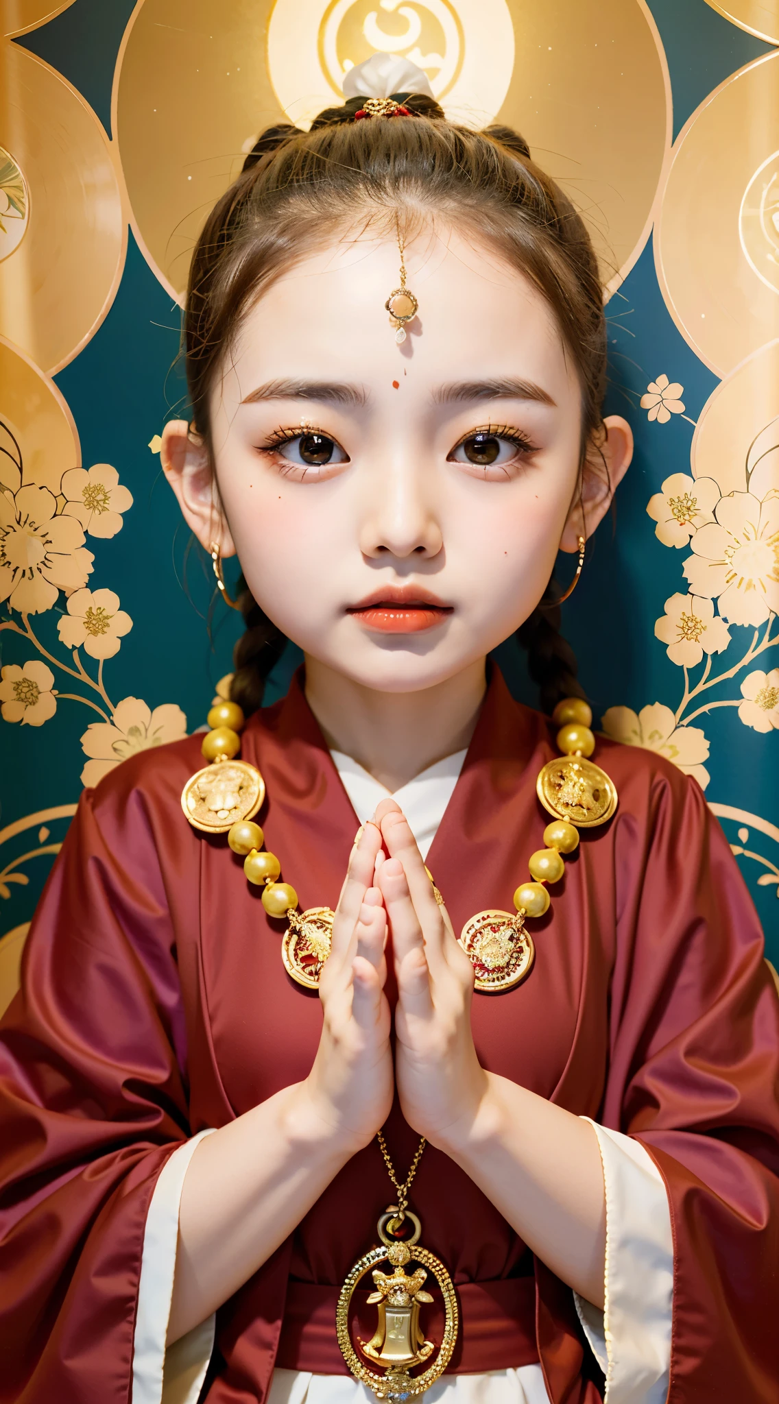Image of Alfid,Girl in red robe and gold necklace, yangjun chen, young goddess, asian young girl, inspired by Tawaraya Sōtatsu, palace , girl wearing hanfu, Japanese girl portrait, inspired by Uemura Shōen, Inspired by Lu Ki, Buddhist, calm expression