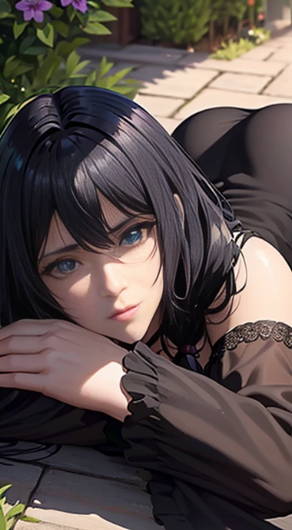 Long black hair,black coloured princess dress, massive sized boobs, lying straight down to the ground,lying on the garden, thigh legs,blue colour eyes, ultra realistic detailed shiny blue eyes, beautiful and perfect face, sunlight and garden background, Violet Evergarden's hairstyle, black hair, bright blue colour eyes