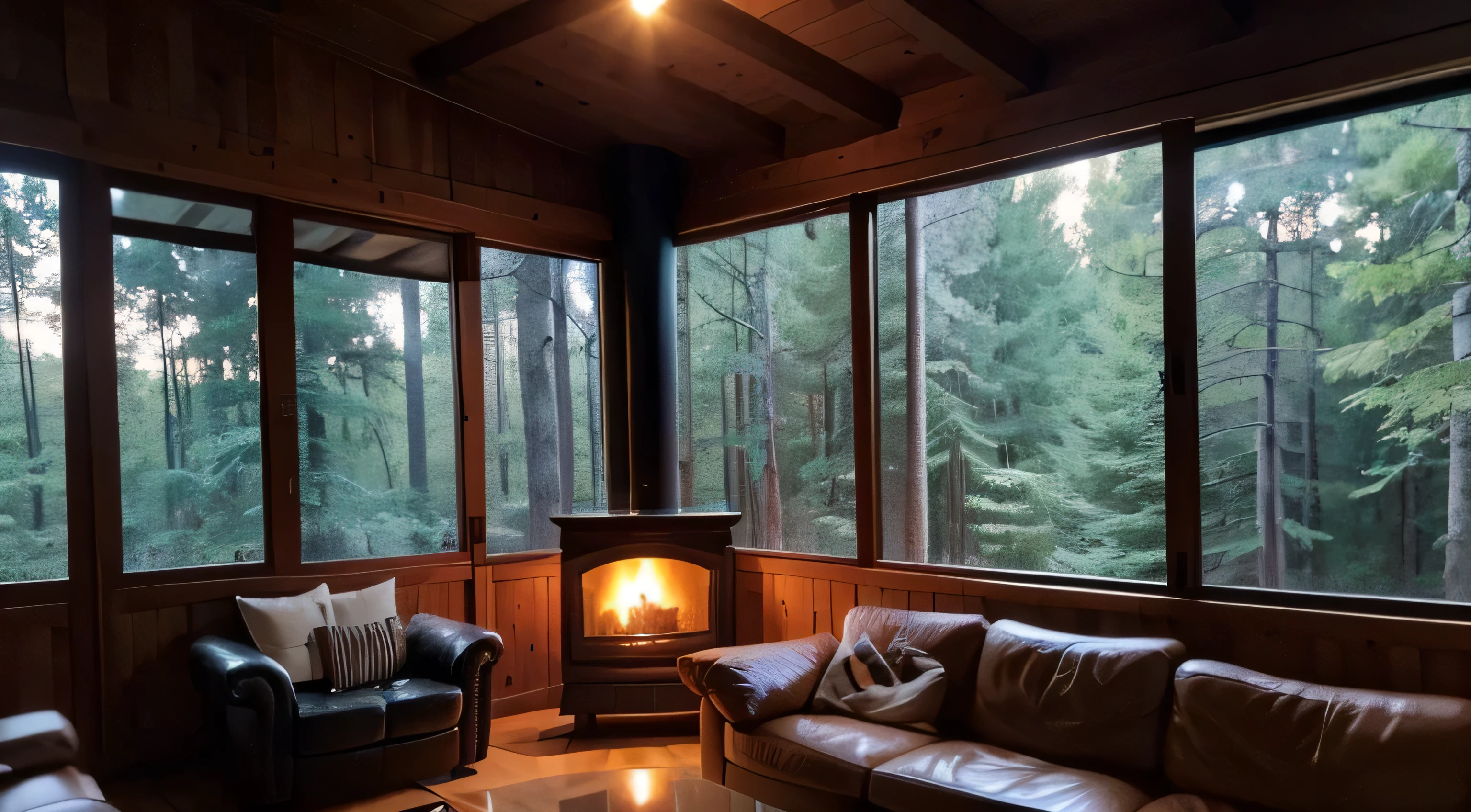 Alafid living room with fireplace and leather sofa, cozy place, comfortable environment, Large windows offer views of the forest at night, warm interior, a house in the forest, moody atmosphere, cozy living room, Comfortable and peaceful atmosphere, a warm living room, living room vibe, comfortable environment, Located in the middle of the forest, Modern house in the woods, Cabin in the forest, high detail, Cinema lighting, panoramic, depth of field, Wide-angle lens, super wide angle, 360度panoramic, high quality, HD, Award-winning, best quality, high details, Super details, UHD --quality .25 --Stylized 500 --sameseed