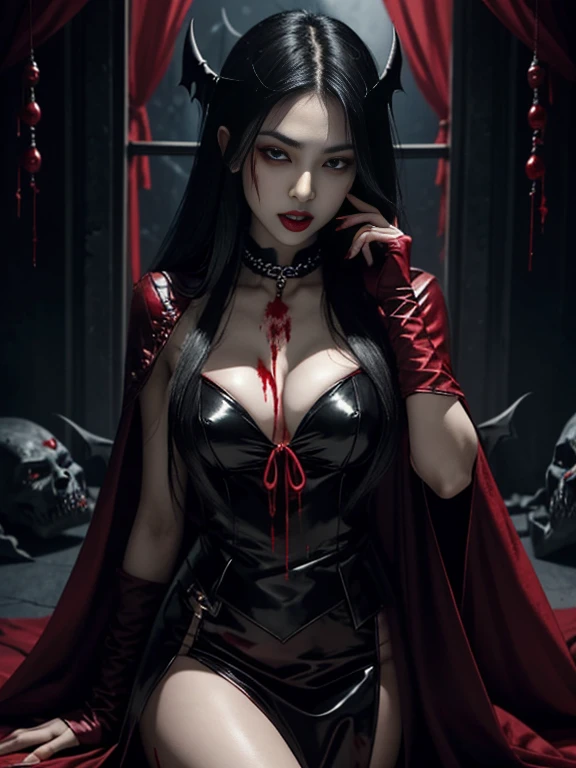 A very pal humanoid character, flying in the dark sky, she is evil, she is skinny, decay, red glowing eyes, fear, terror, frightening, sick, unusually thin, thin, she has long straight black hair, she is wearing a black dress, she is covered in dirt, her dress is ripped, there is blood on her dress, the is blood on her hands, there is blood on her face, it's night time, it's very dark, it's cloudy, it's cold, it's windy, it's fall season, leaves blowing, she is floating, flying