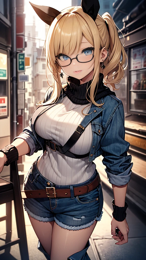 最high quality、best image quality、masterpiece、with a girl((18-year-old、off shoulder knit sweater:1.6、denim shorts、bust 90、blonde、disheveled ponytail、blue eyes、open your chest wide、happiness、Black wristband on wrist、ear piercing))、((Fashion Glasses))Slender、high quality、(Piece It Piece)、visual art、With background((fashion magazine style))、table top