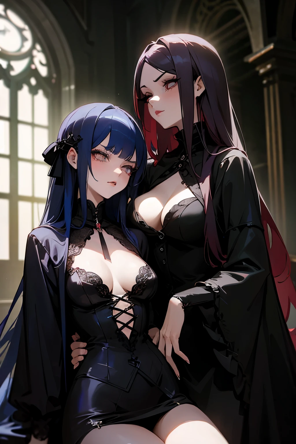 masterpiece, (midnight), anime females, 2women, gothic, vampires, inside dark mansion, sexy, attractive, mysterious, serious, hot, (mature), breasts, eyelashes