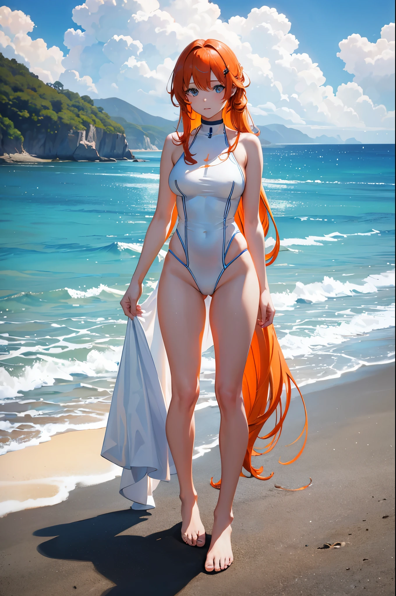 1woman, orange hair, long hair, blue eyes, white swimsuit, beach, standing on ground, high res, ultra sharp, 8K, masterpiece