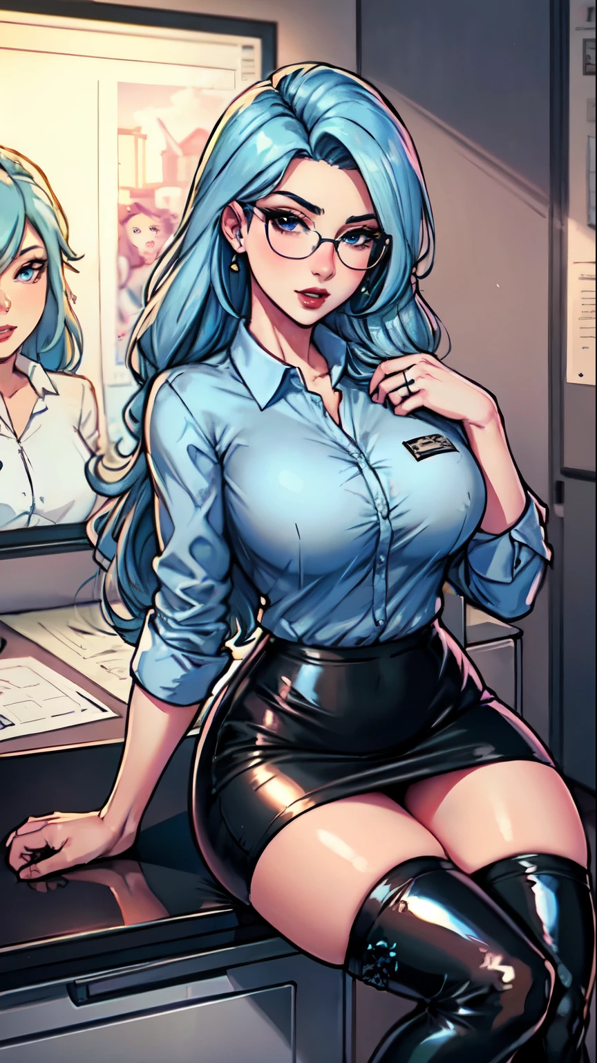 Masterpiece, raw,  beautiful art, professional artist, 8k, art style by sciamano240, very detailed face, very detailed hair, 1girl, perfectly drawn body, beautiful face, long hair, light blue hair , very detailed blue eyes, pouty lips , rosey cheeks, intricate details in eyes, looking straight at viewer , wearing office clothes , pencil skirt, black dior thigh boots,  in love with viewer expression, puckered lips , wedding ring , lipstick, office setting, square glasses,