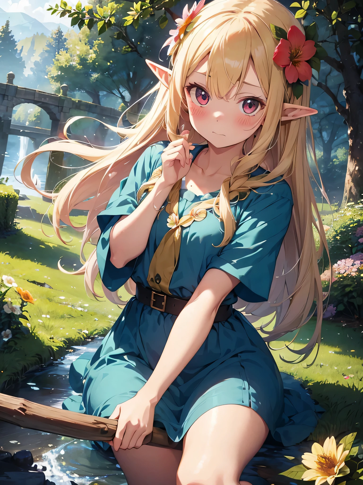 highest quality, (cute:1.1), (cute), (High resolution:1.2), incredibly absurd:1.3, Incredible illustration destruction 1 girl, alone, Forest Elves, blonde knit hair, healer, Wooden Staff, dynamic angle, (shy:1.4), (blush:1.2) break (flower:1.5), fantasy land, Fairy Light