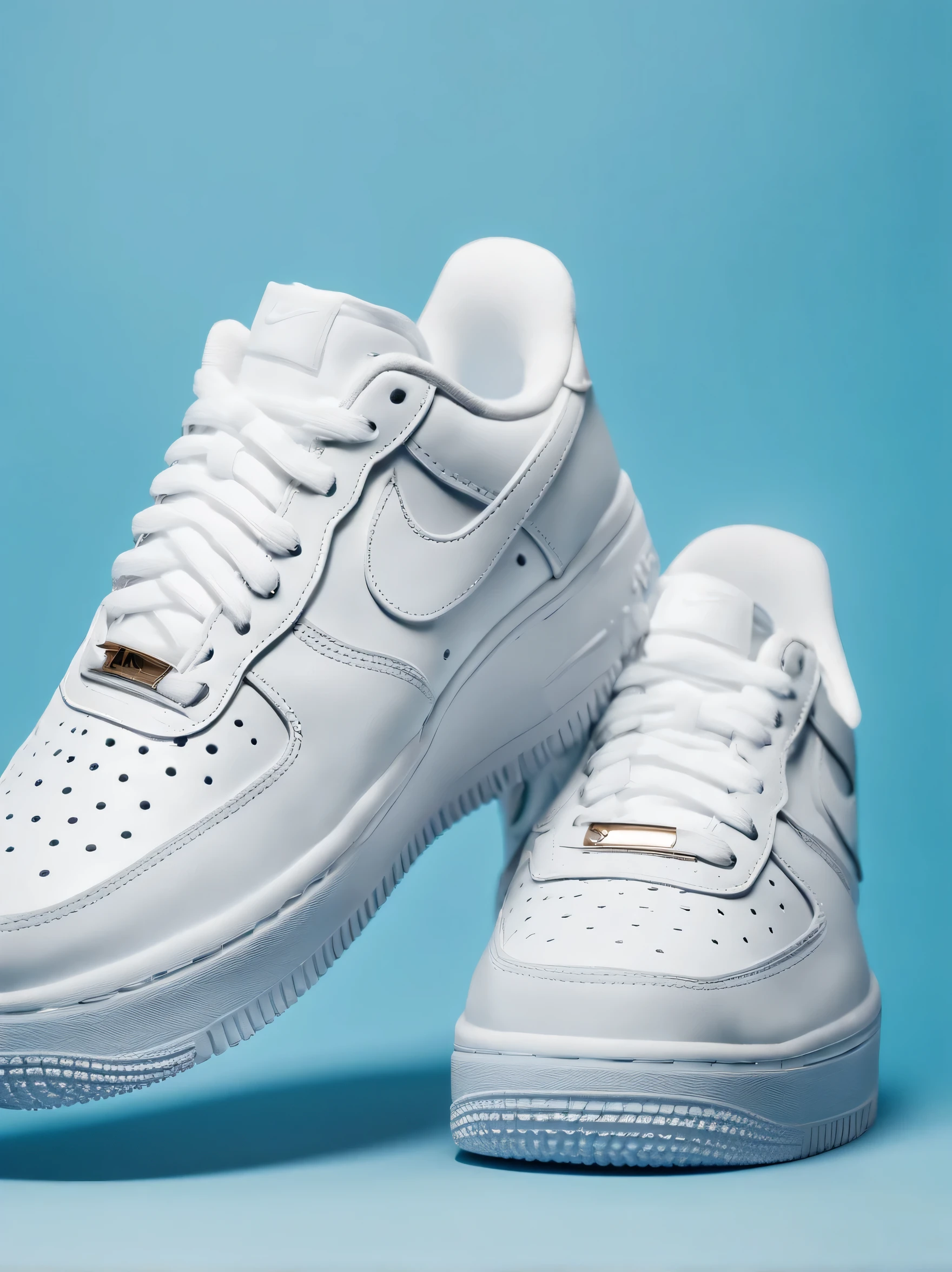 Solid light blue background, A new white Nike Air Force 1 thrown in the air., close up shot, Cinematic Kodak 400 Shot, Product Highlights, No people