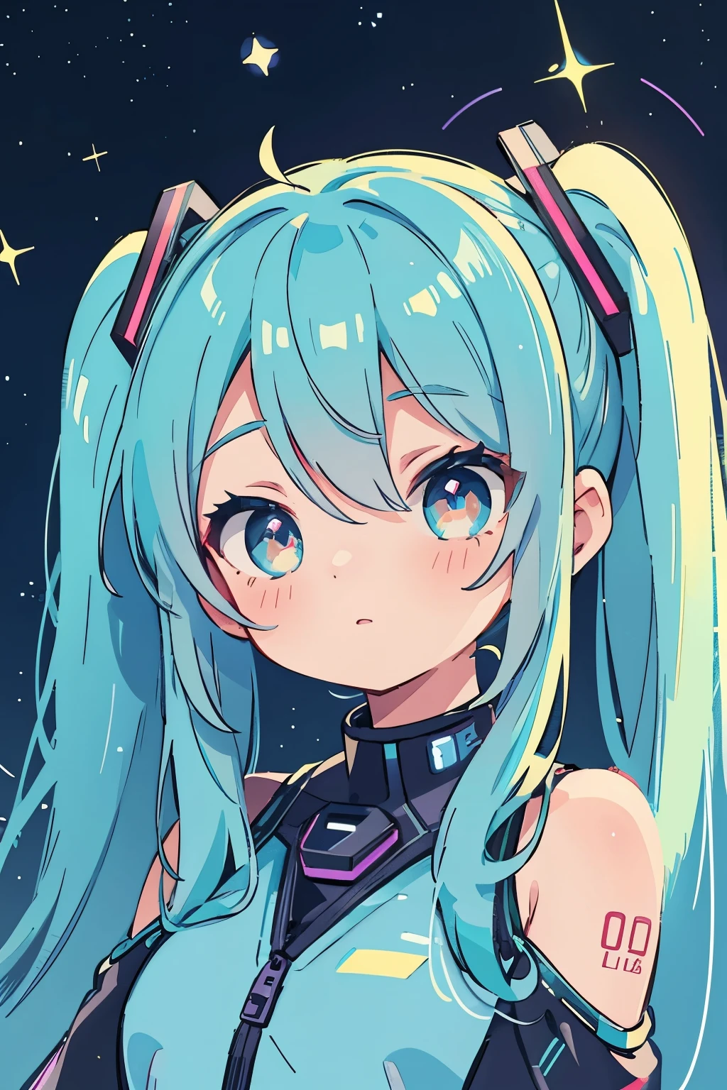 Hatsune Miku,sexual pose,in space,paint,illustration,anime style,vivid colors,neon lights,dynamic hair,long twin tails,glowing eyes,futuristic outfit,galactic background,starry sky,astrological symbols,sparkling stars,highres,ultra-detailed,physically-based rendering,studio lighting,sharp focus,bokeh,sexy yet elegant,divine beauty,seductive expression,celestial charm,masterpiece:1.2