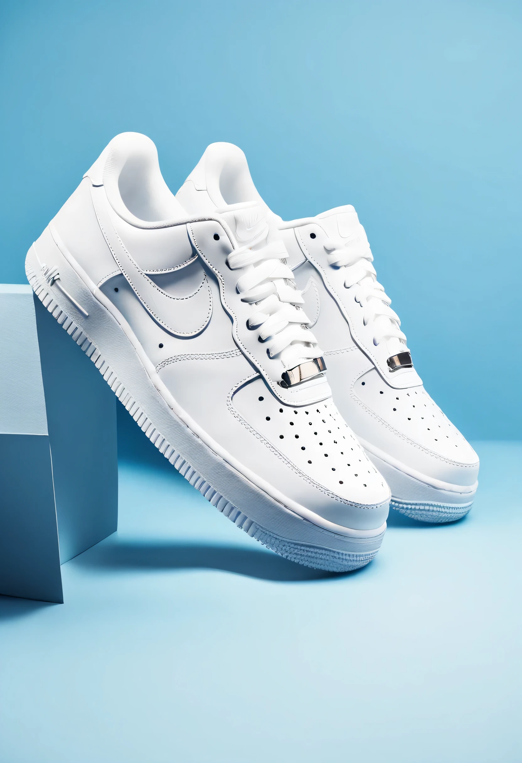 Solid light blue background, A new white Nike Air Force 1 thrown in the air., close up shot, Cinematic Kodak 400 Shot, Product Highlights, No people