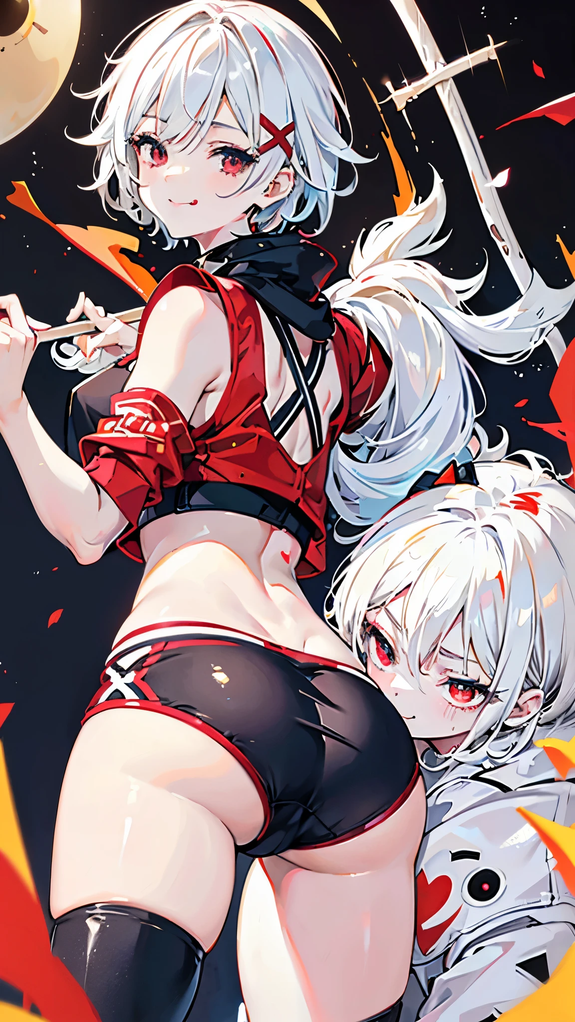 X-rated，undertale，chala， girl，short hair，Red-eyed，Smile，Sexy，crop top，hot pants，standing paintings，Underwear model，lust，hand repair，detail，HD，no underwear，Cocked buttocks，stick out your tongue，playful，love，butt close-up，sweat