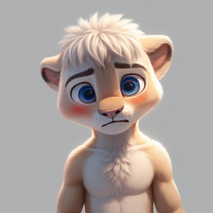 young white lion, solo, male focus, blue eyes, topless, cut bangs, standing, (sad), mouth opened, looking to the front, full body, (soft shading), 4k, detailed face, detailed eyes, detailed, zootopia style, blank background, red blush, 60º angle