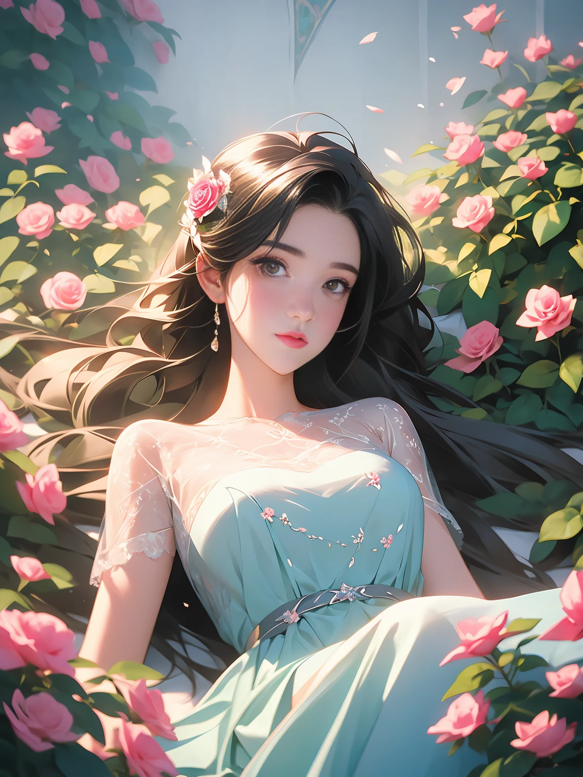 there is a woman laying on a bed of pink roses, laying on roses,  cgsociety, girl in a bed of flowers, woman in flowers, wlop and ross tran, with frozen flowers around her, roses in her hair, made of flowers, wrapped in flowers, beautiful digital artwork, ross tran and wlop, the girl made out of flowers,--ar 9:16 --stylize 950 --v 6.0