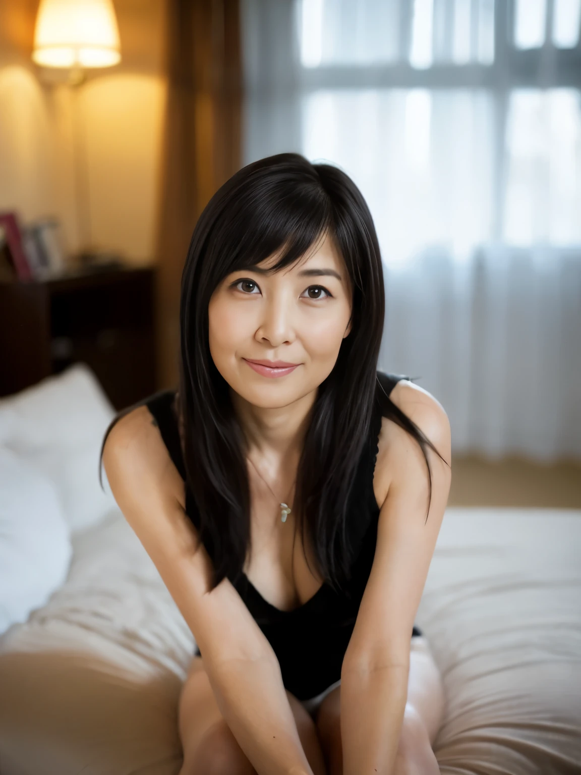 1 girl, black hair, bangs, whole body,sexy white underwear, alone, {beautiful and detailed eyes}, bedroom, blowjob,calm expression, natural soft light, long hair, delicate features, topless, straight hair,with a smile in your eyes, , 52 only,beautiful mature woman, film grain, real hand,shy smile,sexy pose,look here,A 30-year-old