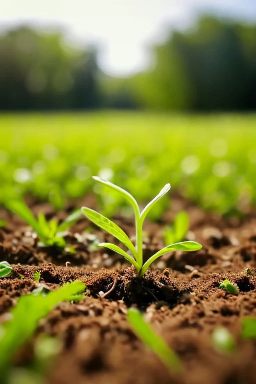 A photo of the moment a plant sprouts in a field in spring Baby plant character crawling out of the soil looking at the camera pixar style