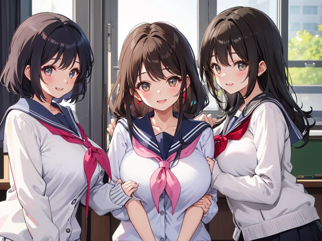 highest quality、High resolution、High definition、Beautiful teenage girl、Four women,sailor suit,cute hairstyle,perfect skin,huge breasts、Look at me happily、smiling、laughing、sexual expression、Upper body、Cute colored school cardigan