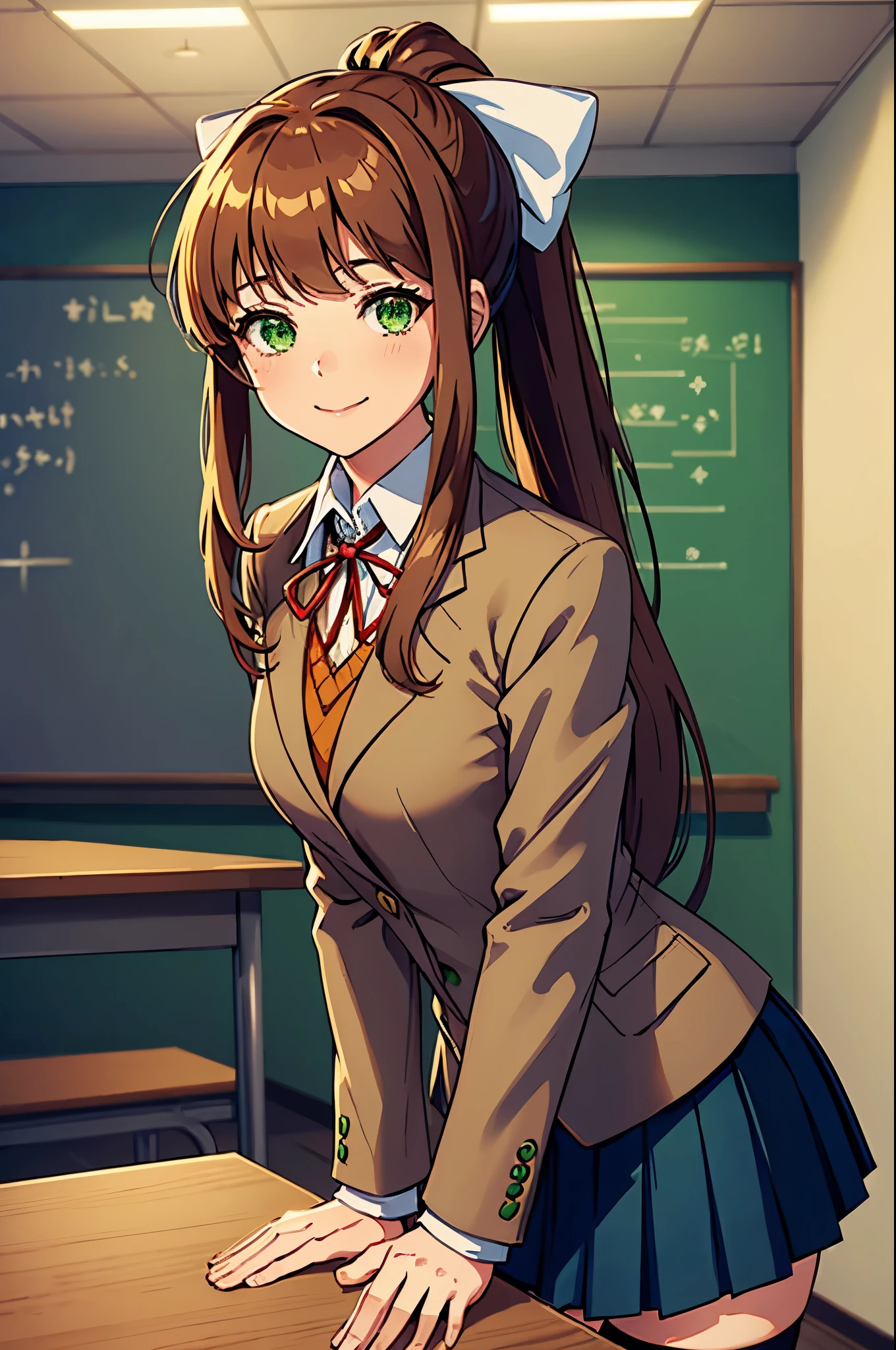 (masterpiece), best quality, expressive eyes, perfect face, highres, 1 girl, solo, ddlcmonika, blunt bangs, brown hair, (green eyes:1.5), long hair, ponytail, ribbon, white ribbon, hair ribbon, sidelocks, black thighhighs, blue skirt, brown jacket, jacket, long sleeves, mary janes, over-kneehighs, pleated skirt, school uniform, shoes, skirt, thighhighs, zettai ryouiki, smiling, indoors, classroom background, (leaning forward:1.2), hands on table, standing, upper body portrait, looking at the viewer