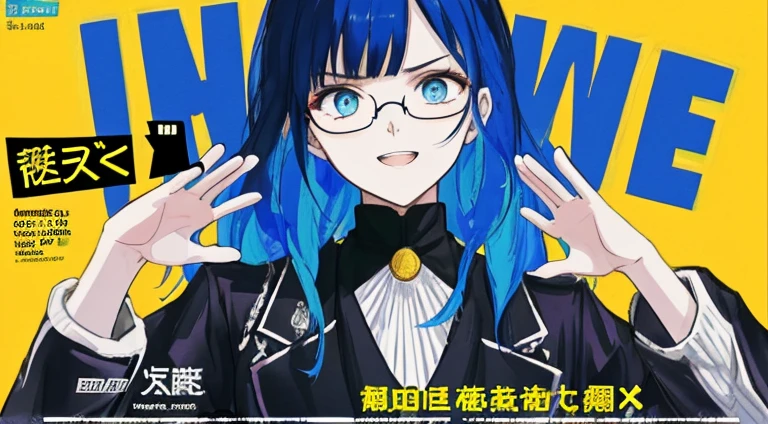 (((dramatic))), (((intense)))) The movie poster features as the central character. She is shy in the center of the poster, ワンピース clothing, Hair is blue、Wear glasses、double teeth、The smile and the determined look on her face. The background is dark and ザラザラした, Feeling of drunkenness. The article is bold and eye-catching, with catchy slogans that add to the overall drama and excitement. The color palette is dominated by bright colors, Dotted with dark colors, giving the poster a dynamic and visual impact, tachi-e (magazine:1.3), (cover-style:1.3), fashionable, vibrant, clothing, take a pose, front, colorful, dynamic, background, element, With confidence, expressive, holding, statement, attachment, majestic, coiled, around it, touch, scene, article, cover, bold, eye-catching, title, fashion, Font, catchy, title, bigger, eye-catching, modern, trend, concentrated, stylish, 1 girl、