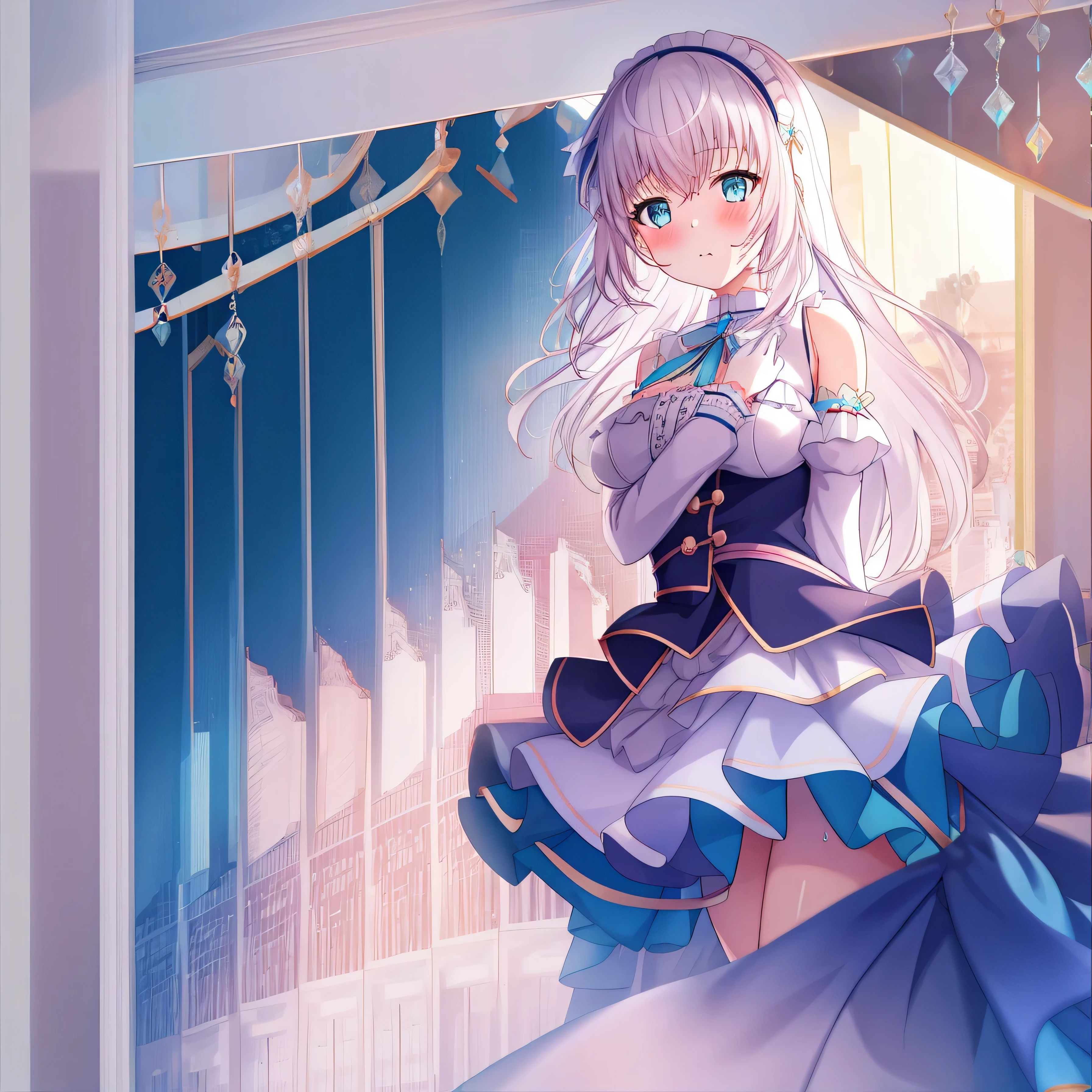 1 girl, underwear, alone, , White-haired_hair, hindquarters, Gloves, long_hair, boobgasm, blush, pink_, skirt, scarf, watch_exist_peeping exist the viewer, lie, only_shoulder, mediexisting_boobgasm, blue_Eye, White seeds_skirt, watch_Back, ground_meter, Turquoise blue_scarf, decorate, Back, closure_Mouth, drops of sweexist,