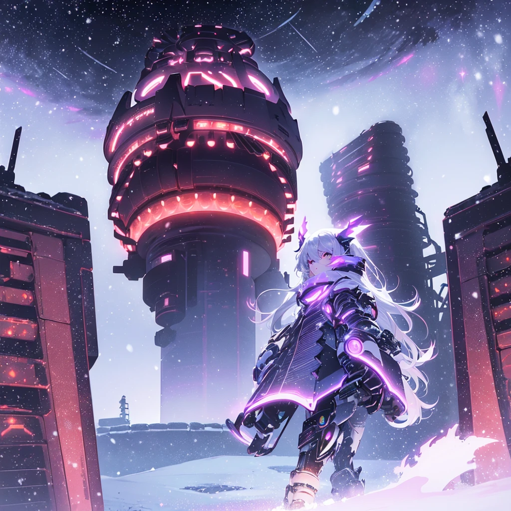 (best quality:1.5), (absurdres:1.5), (ultra detailed:1.3), (high resolution:1.3), (production art:1.3), (gradient eyes:1.3), (beautiful detailed eyes:1.3), (snowing:1.3), (snowy:1.3) ,
 BREAK
 12yo, long hair, silver hair, bangs, red eyes, black dress, sleeveless dress, sleeveless, (scarf), (many gears:1.3),(one huge gear:1.5),filigree and gorgeous,in the dark night,(huge gear halo:1.3),(facing forward:1.5),(The center of the gear that confined the universe:1.3),(big gear machine:1.5),glitch art,revolve round ,circle, (Silver color:1.3), aura, fighting spirit, (neoncol